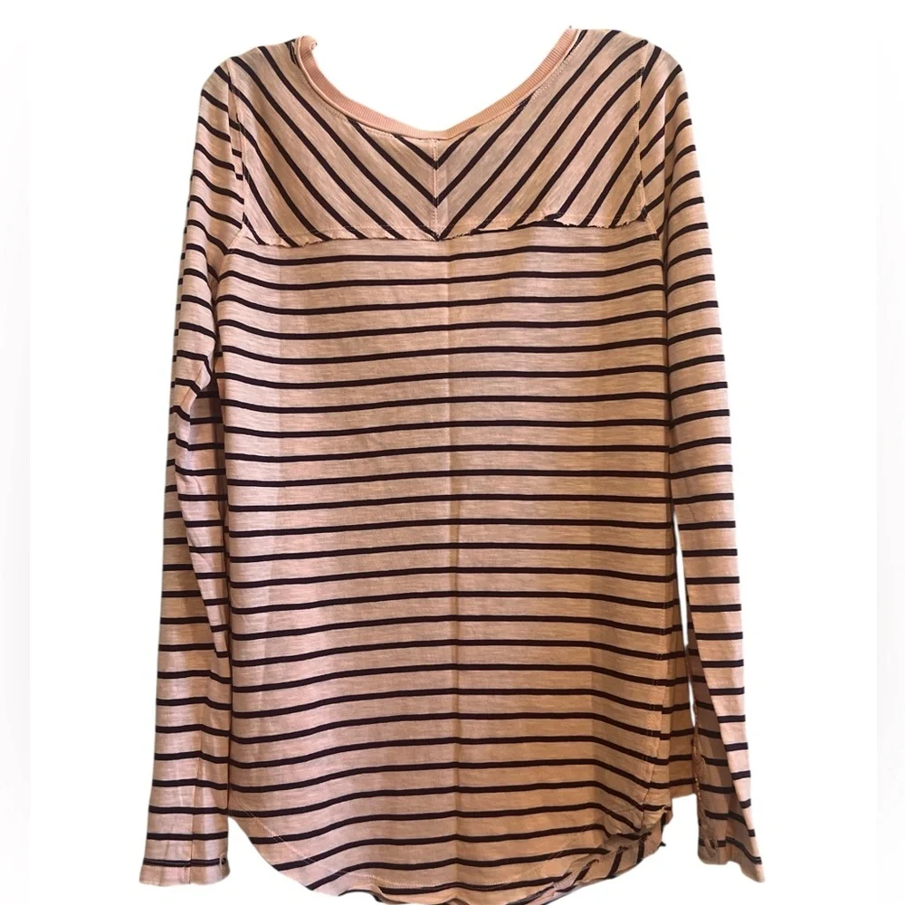 Free People 100% Cotton Pink/Purple Striped Scoop Neck Top with Lace Cuffs - Picture 2 of 10